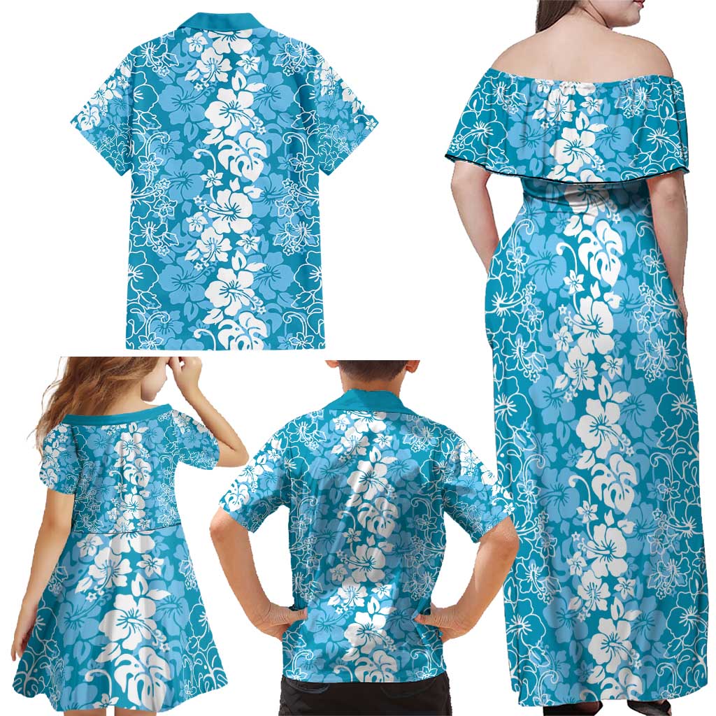Hawaiian Lei Day Family Matching Off Shoulder Maxi Dress and Hawaiian Shirt Blue Hibiscus Flowers Lei Art