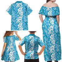 Hawaiian Lei Day Family Matching Off Shoulder Maxi Dress and Hawaiian Shirt Blue Hibiscus Flowers Lei Art