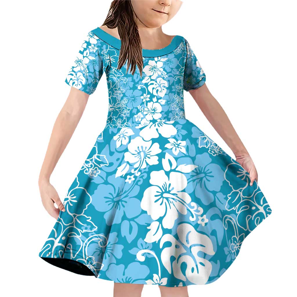 Hawaiian Lei Day Family Matching Off Shoulder Short Dress and Hawaiian Shirt Blue Hibiscus Flowers Lei Art