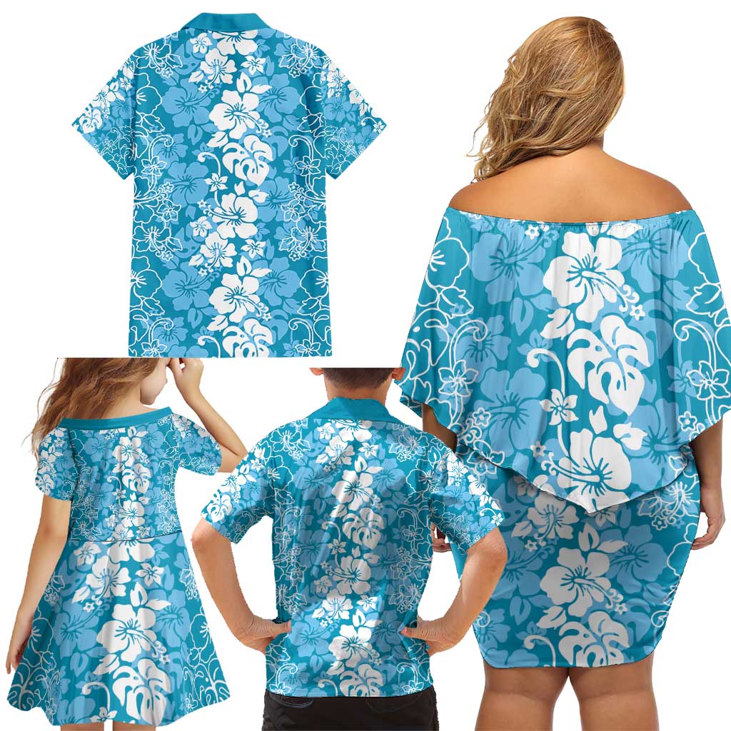 Hawaiian Lei Day Family Matching Off Shoulder Short Dress and Hawaiian Shirt Blue Hibiscus Flowers Lei Art