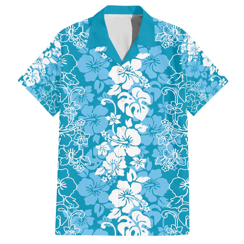 Hawaiian Lei Day Family Matching Off Shoulder Short Dress and Hawaiian Shirt Blue Hibiscus Flowers Lei Art