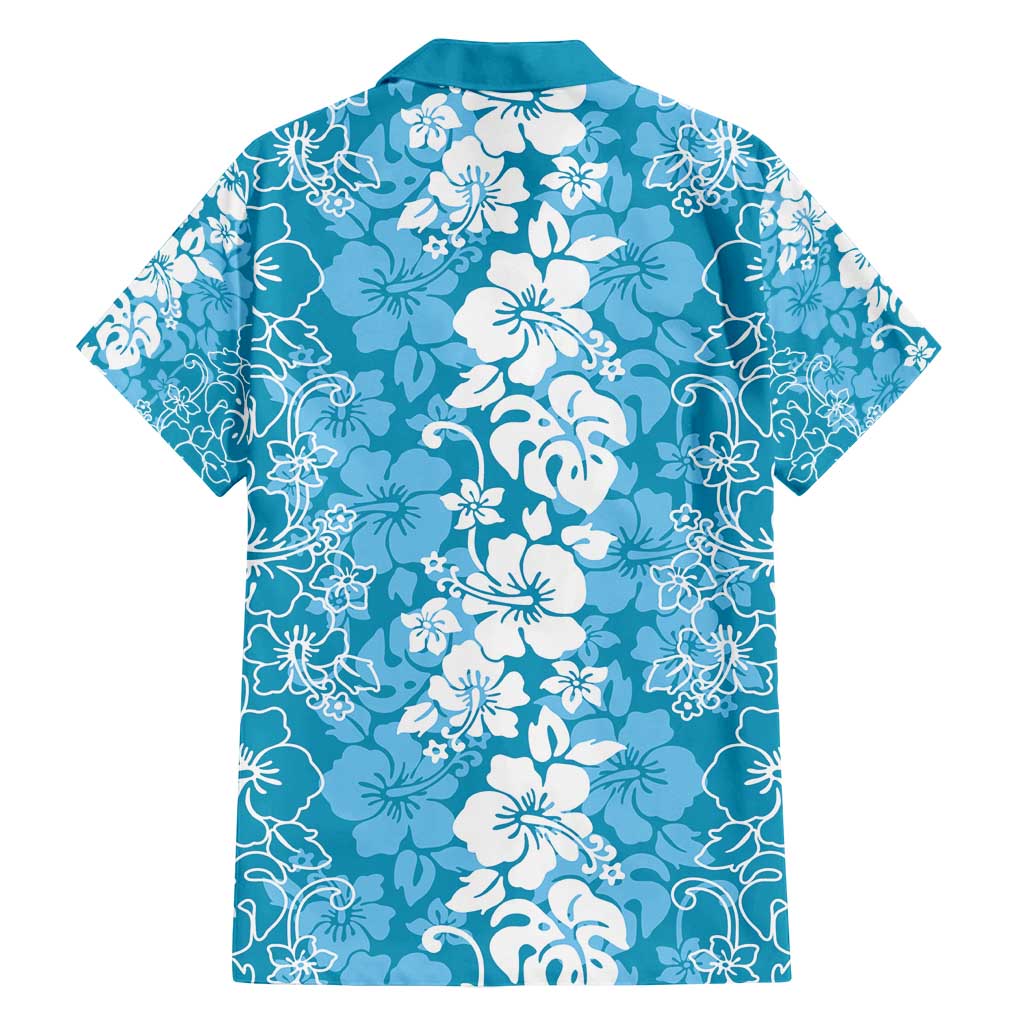 Hawaiian Lei Day Family Matching Off Shoulder Short Dress and Hawaiian Shirt Blue Hibiscus Flowers Lei Art