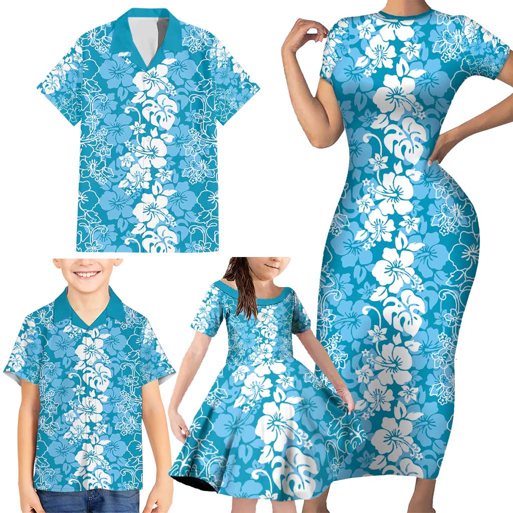 Hawaiian Lei Day Family Matching Short Sleeve Bodycon Dress and Hawaiian Shirt Blue Hibiscus Flowers Lei Art