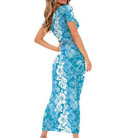 Hawaiian Lei Day Family Matching Short Sleeve Bodycon Dress and Hawaiian Shirt Blue Hibiscus Flowers Lei Art