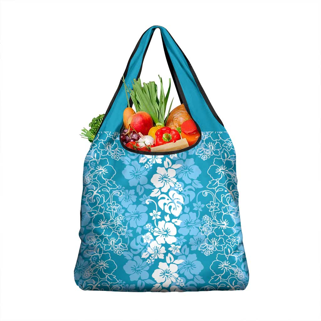 Hawaiian Lei Day Grocery Bag Blue Hibiscus Flowers Lei Art