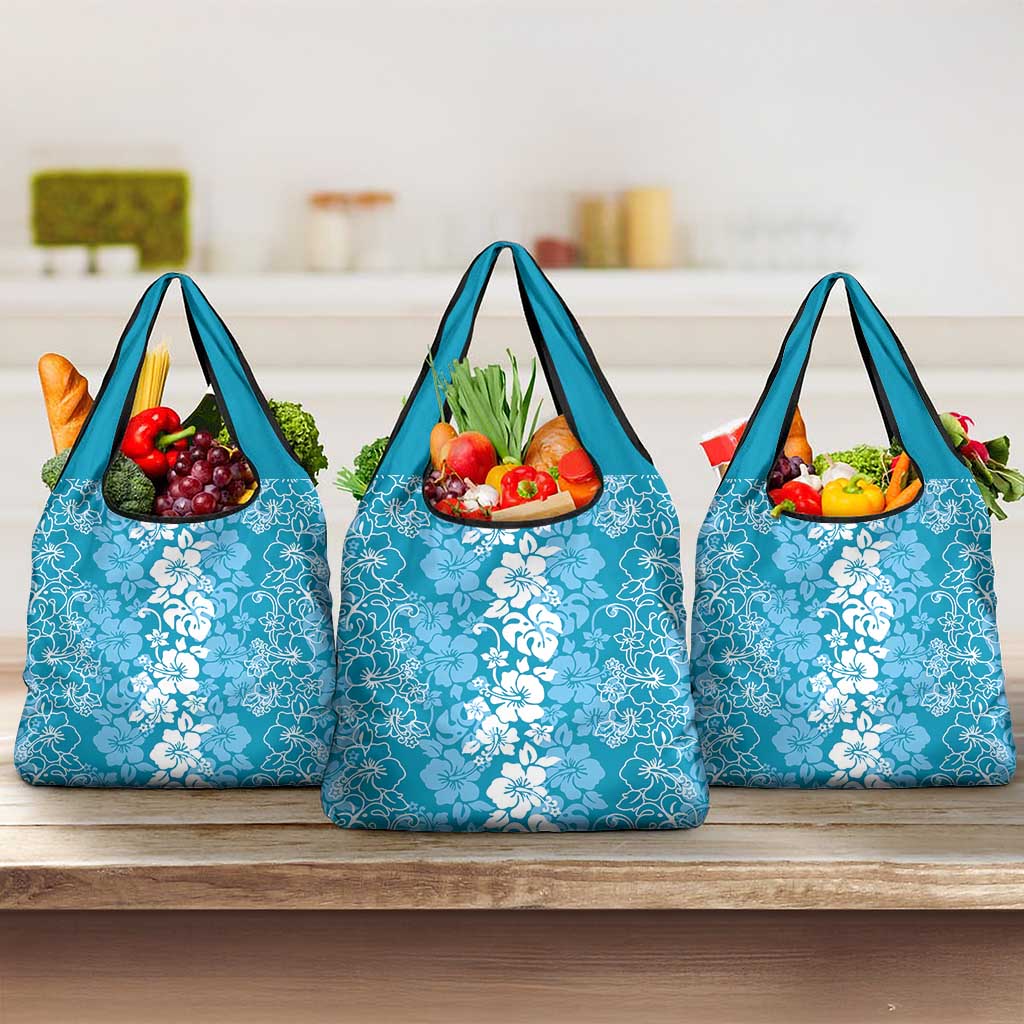 Hawaiian Lei Day Grocery Bag Blue Hibiscus Flowers Lei Art LT9 3-pack One Size Blue - Polynesian Pride