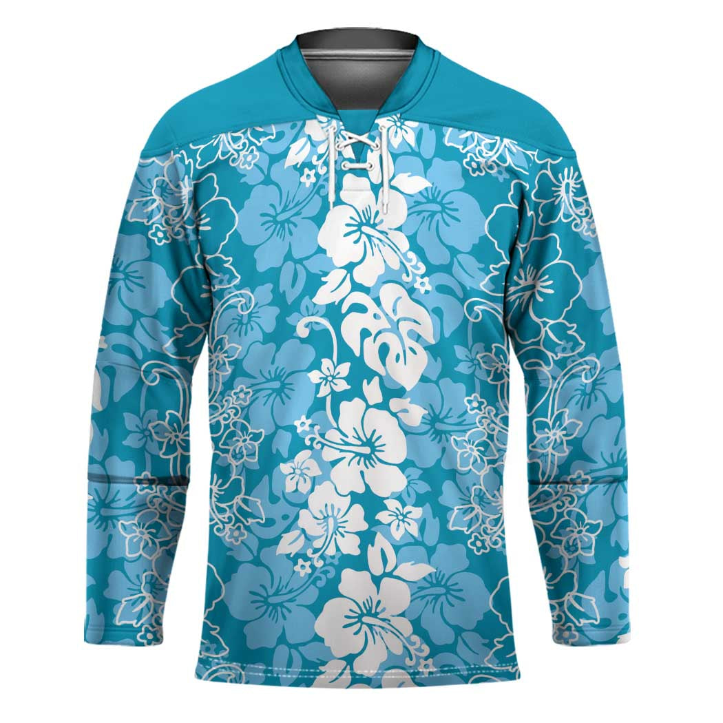 Hawaiian Lei Day Hockey Jersey Blue Hibiscus Flowers Lei Art - Polynesian Pride