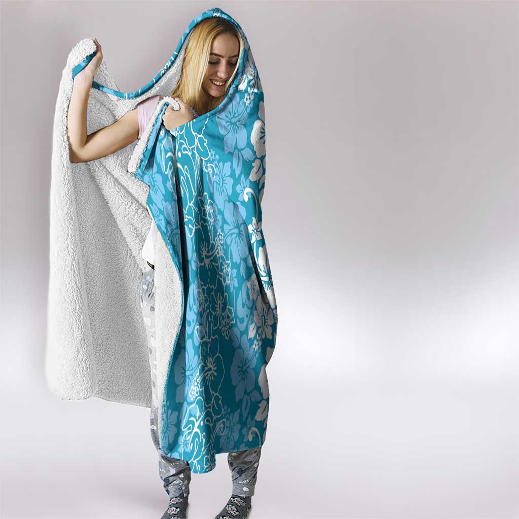Hawaiian Lei Day Hooded Blanket Blue Hibiscus Flowers Lei Art