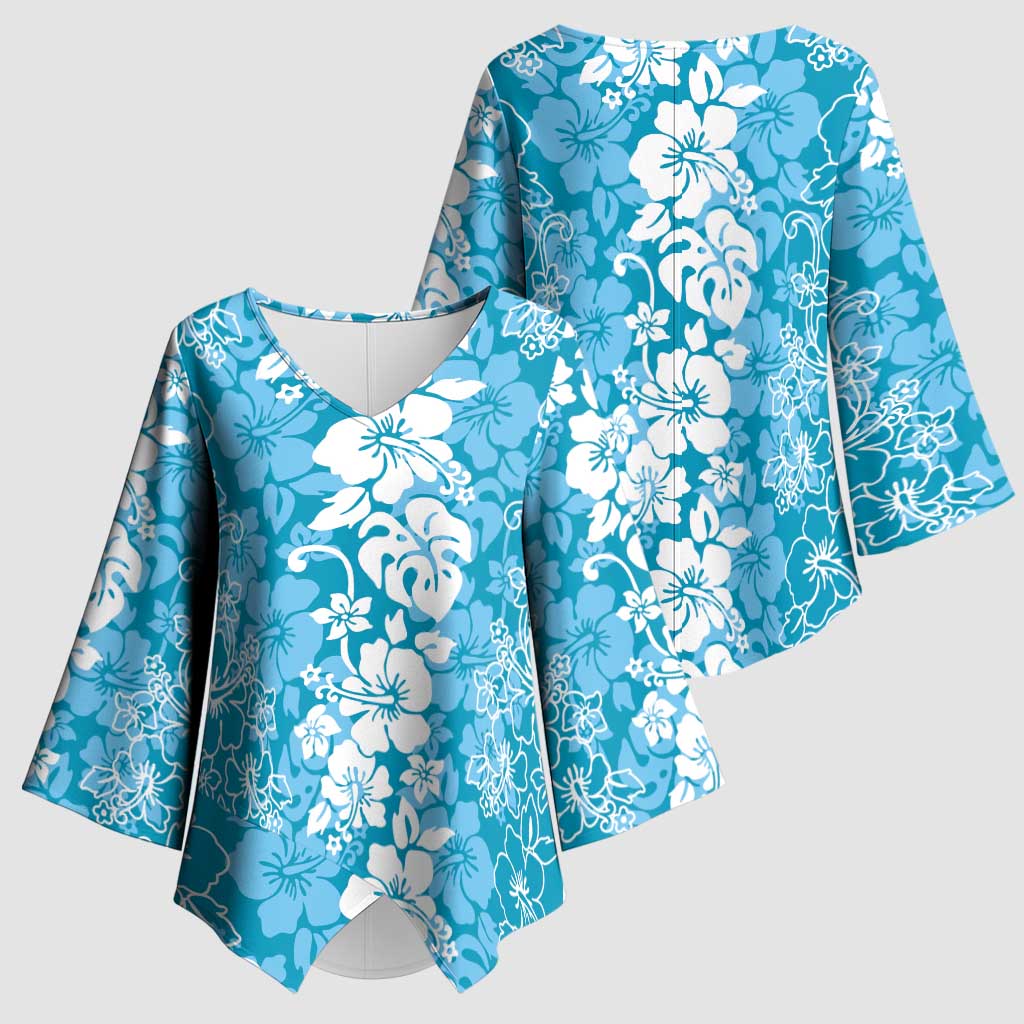 Hawaiian Lei Day Kimono Sleeve Blouse Blue Hibiscus Flowers Lei Art - Polynesian Pride