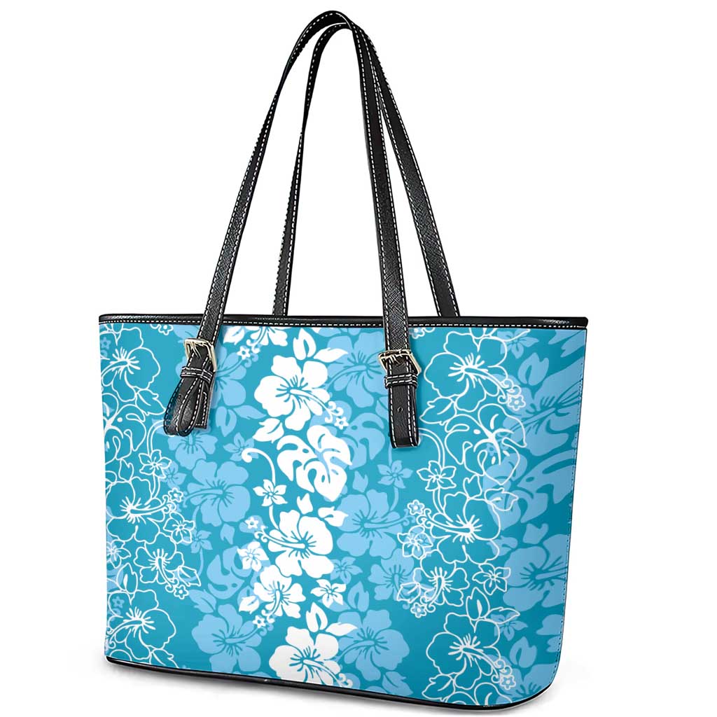 Hawaiian Lei Day Leather Tote Bag Blue Hibiscus Flowers Lei Art
