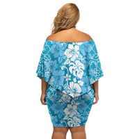 Hawaiian Lei Day Off Shoulder Short Dress Blue Hibiscus Flowers Lei Art