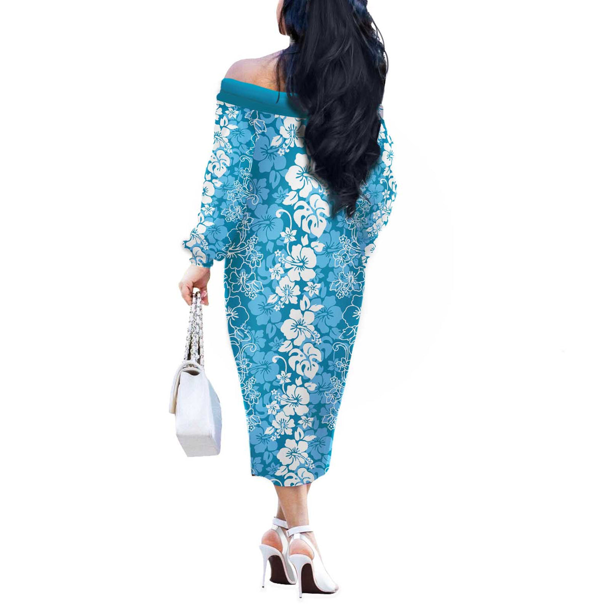 Hawaiian Lei Day Off The Shoulder Long Sleeve Dress Blue Hibiscus Flowers Lei Art