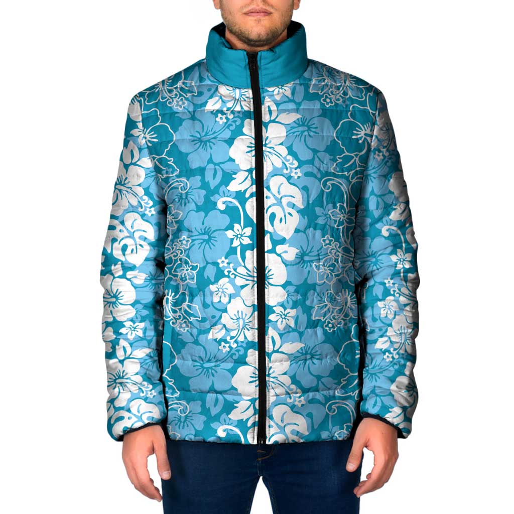 Hawaiian Lei Day Padded Jacket Blue Hibiscus Flowers Lei Art - Polynesian Pride