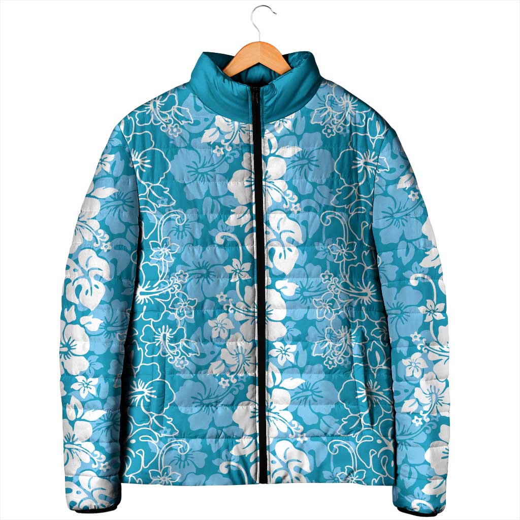 Hawaiian Lei Day Padded Jacket Blue Hibiscus Flowers Lei Art - Polynesian Pride