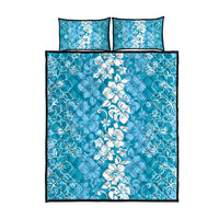Hawaiian Lei Day Quilt Bed Set Blue Hibiscus Flowers Lei Art