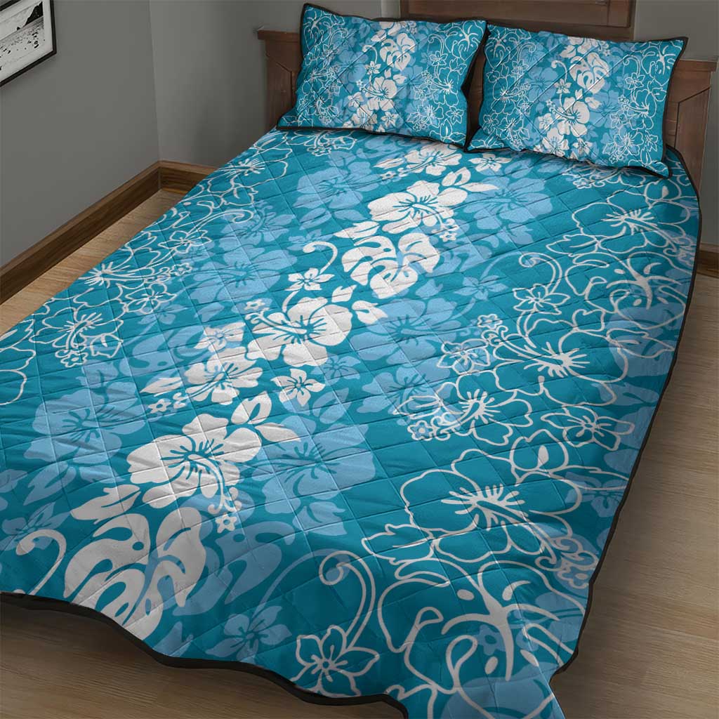 Hawaiian Lei Day Quilt Bed Set Blue Hibiscus Flowers Lei Art