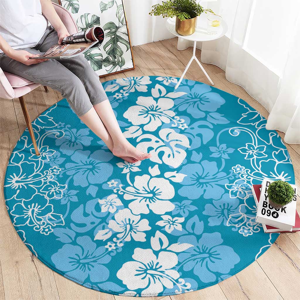 Hawaiian Lei Day Round Carpet Blue Hibiscus Flowers Lei Art