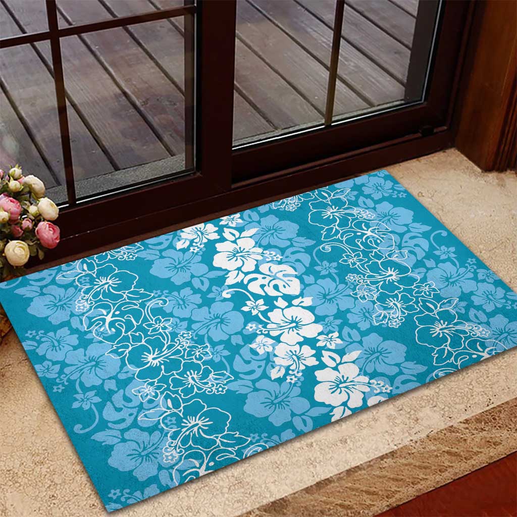 Hawaiian Lei Day Rubber Doormat Blue Hibiscus Flowers Lei Art
