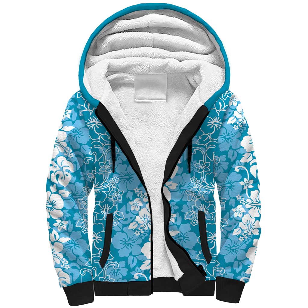 Hawaiian Lei Day Sherpa Hoodie Blue Hibiscus Flowers Lei Art