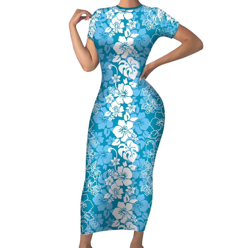 Hawaiian Lei Day Short Sleeve Bodycon Dress Blue Hibiscus Flowers Lei Art