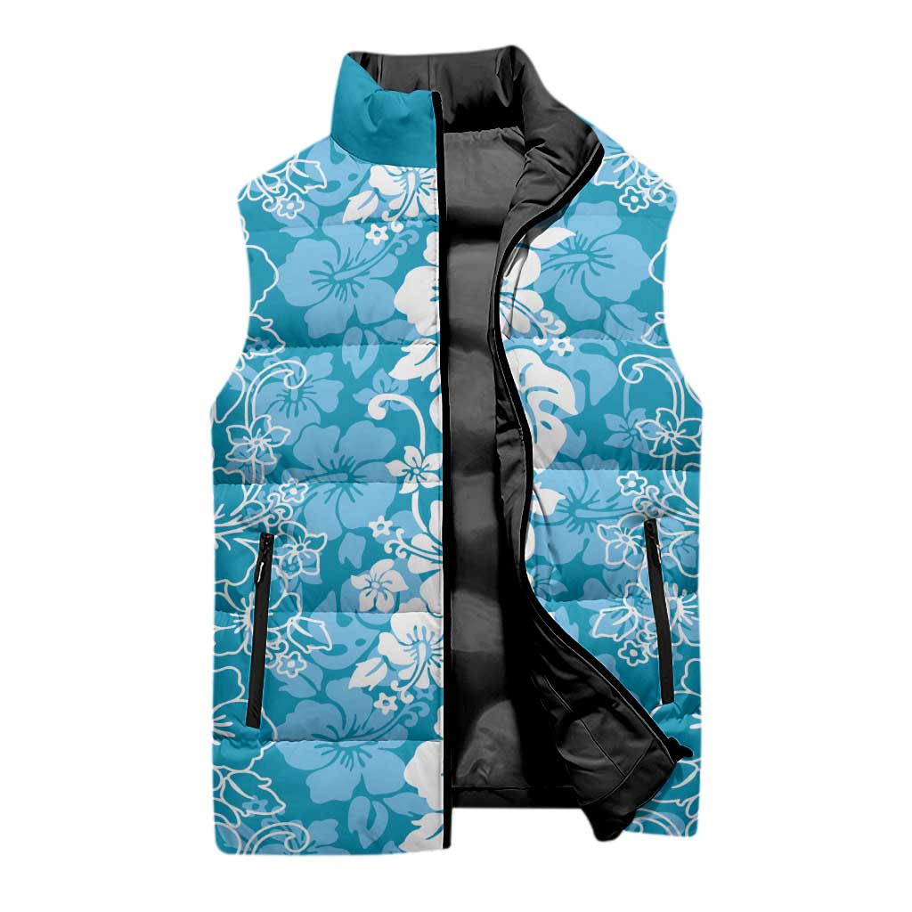 Hawaiian Lei Day Sleeveless Puffer Jacket Blue Hibiscus Flowers Lei Art - Polynesian Pride