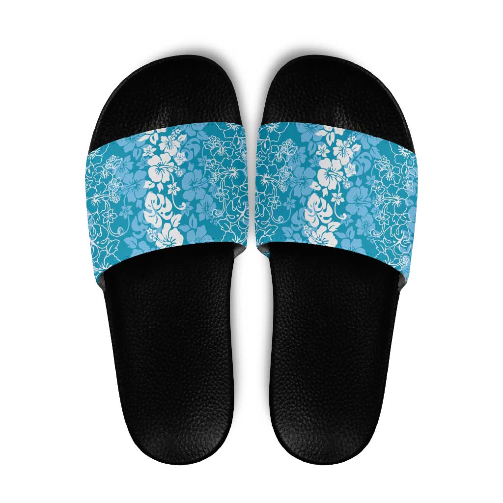 Hawaiian Lei Day Slide Sandals Blue Hibiscus Flowers Lei Art - Polynesian Pride