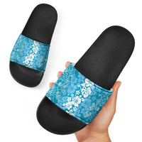 Hawaiian Lei Day Slide Sandals Blue Hibiscus Flowers Lei Art - Polynesian Pride