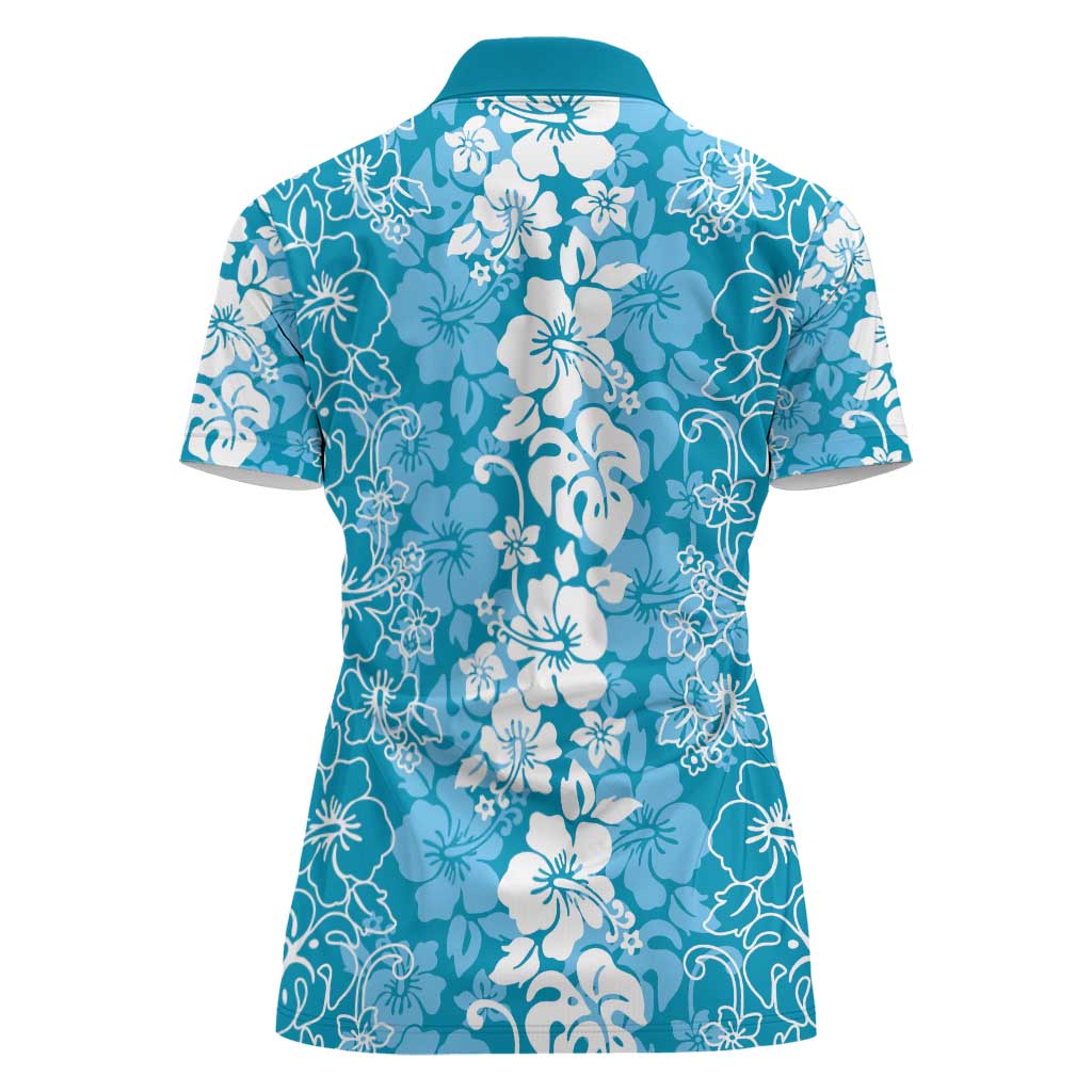 Hawaiian Lei Day Women Polo Shirt Blue Hibiscus Flowers Lei Art