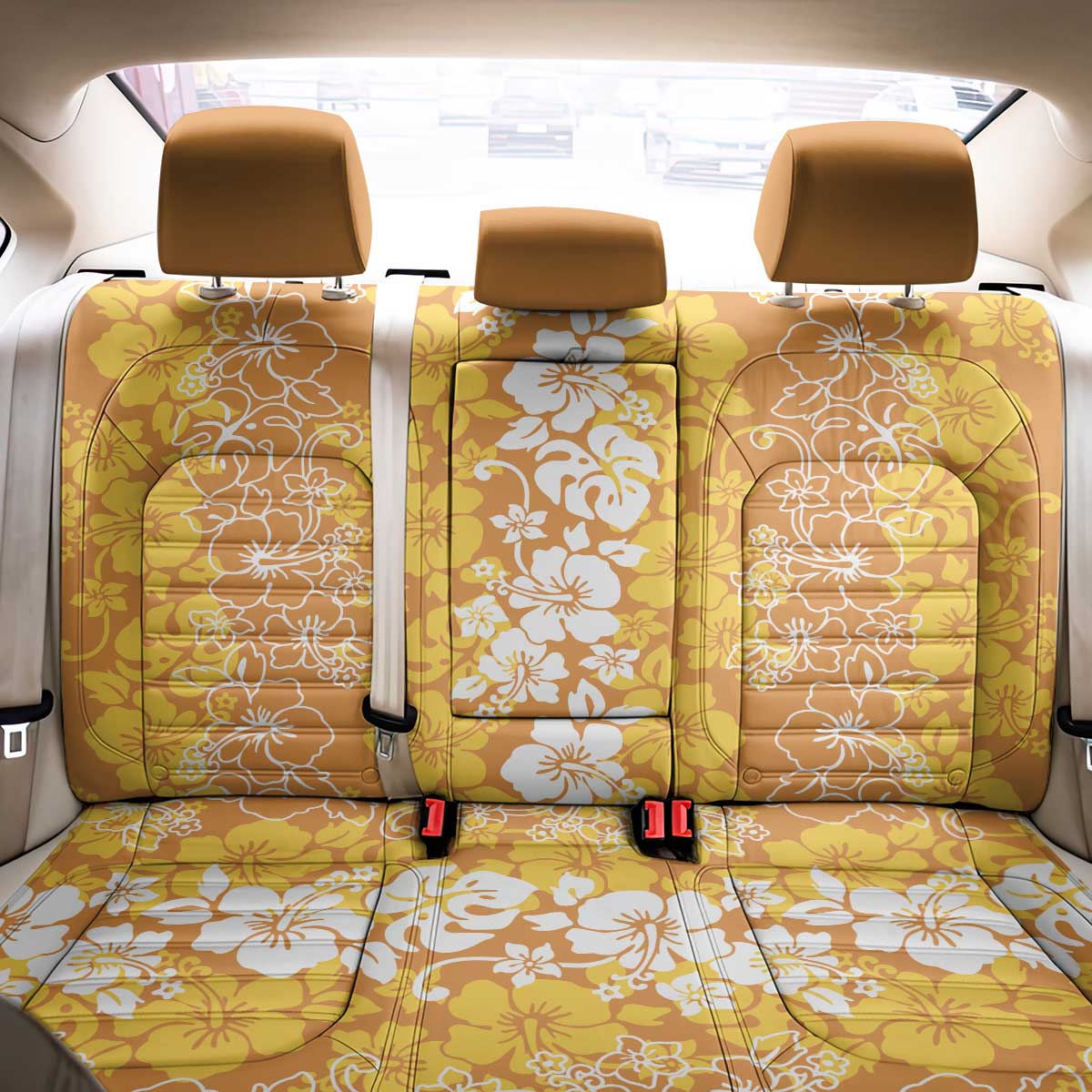 Hawaiian Lei Day Back Car Seat Cover Gold Hibiscus Flowers Lei Art