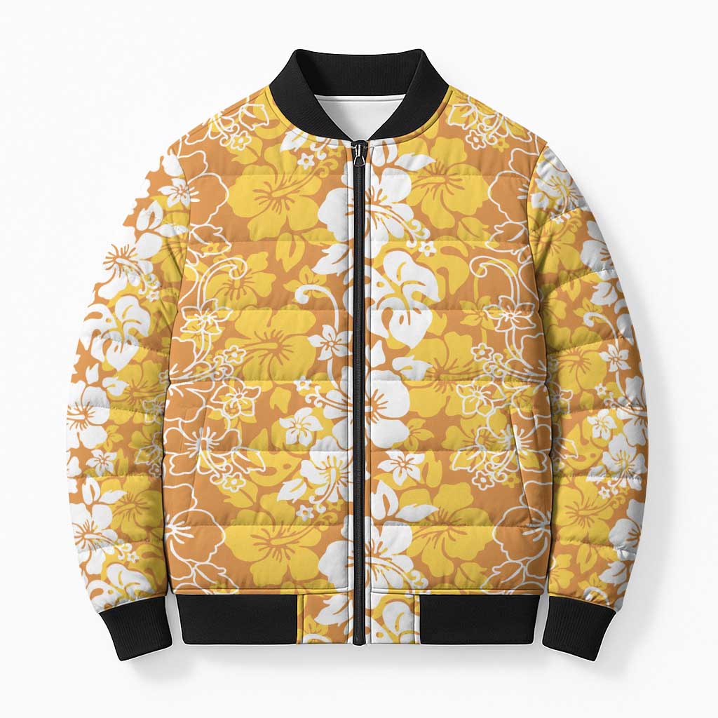 Hawaiian Lei Day Bomber Puffer Jacket Gold Hibiscus Flowers Lei Art - Polynesian Pride