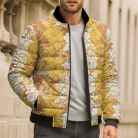Hawaiian Lei Day Bomber Puffer Jacket Gold Hibiscus Flowers Lei Art - Polynesian Pride