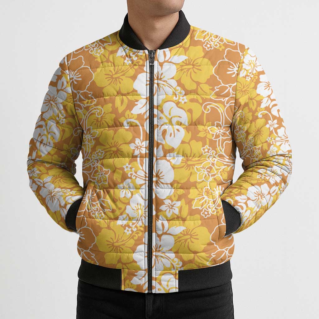 Hawaiian Lei Day Bomber Puffer Jacket Gold Hibiscus Flowers Lei Art - Polynesian Pride
