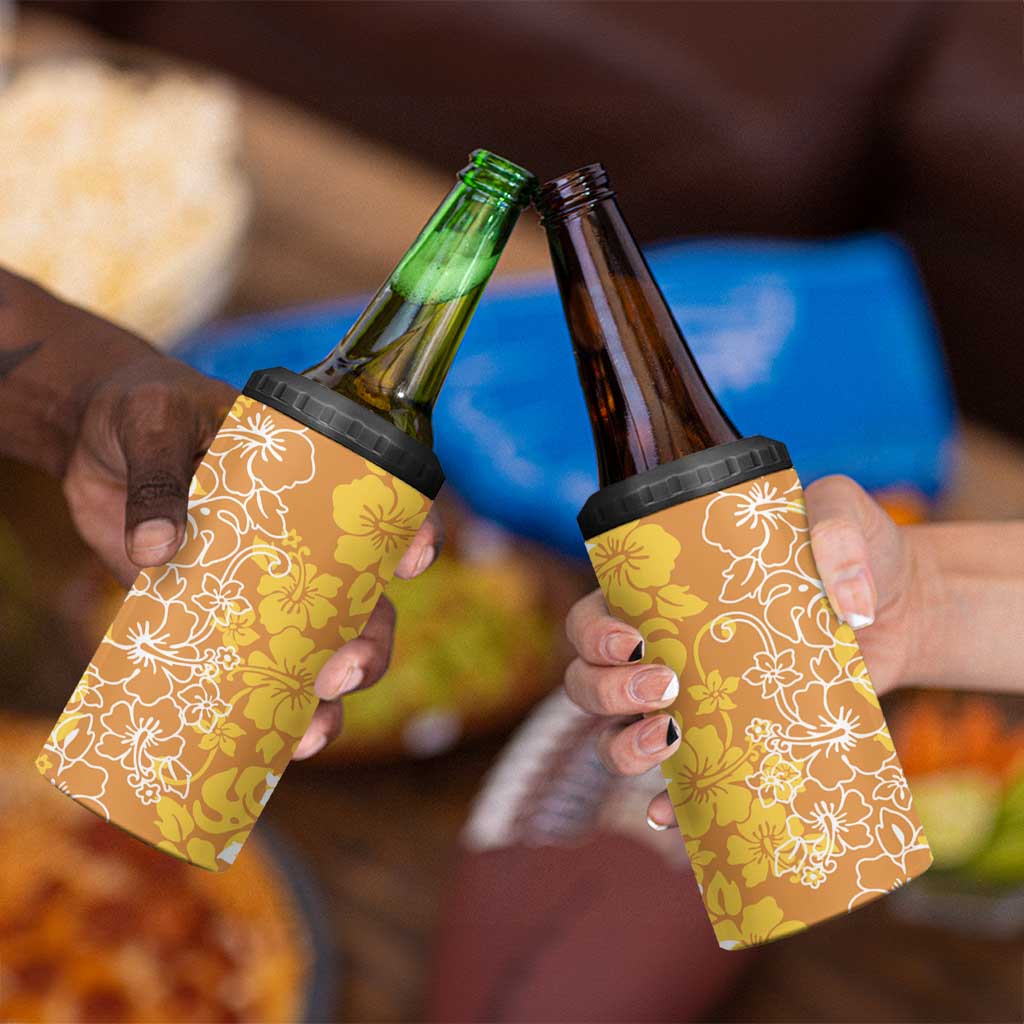 Hawaiian Lei Day 4 in 1 Can Cooler Tumbler Gold Hibiscus Flowers Lei Art