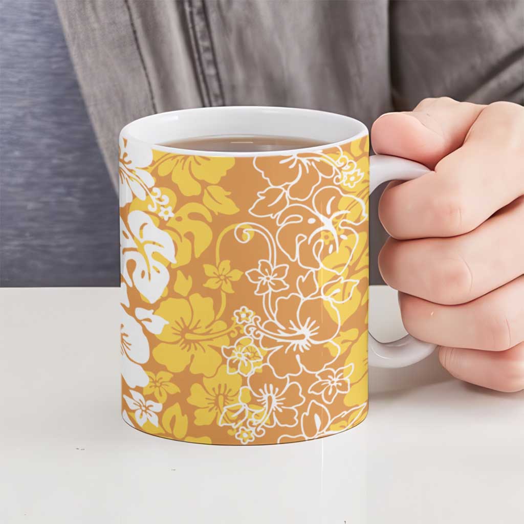 Hawaiian Lei Day Ceramic Mug Gold Hibiscus Flowers Lei Art - Polynesian Pride