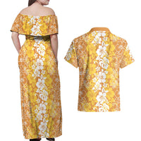 Hawaiian Lei Day Couples Matching Off Shoulder Maxi Dress and Hawaiian Shirt Gold Hibiscus Flowers Lei Art