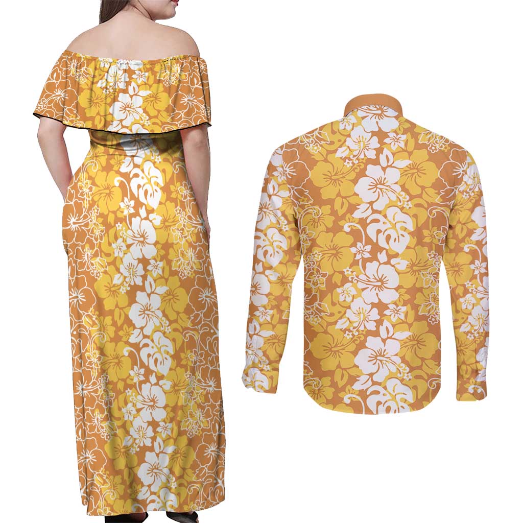 Hawaiian Lei Day Couples Matching Off Shoulder Maxi Dress and Long Sleeve Button Shirt Gold Hibiscus Flowers Lei Art