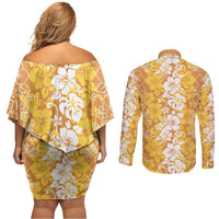Hawaiian Lei Day Couples Matching Off Shoulder Short Dress and Long Sleeve Button Shirt Gold Hibiscus Flowers Lei Art