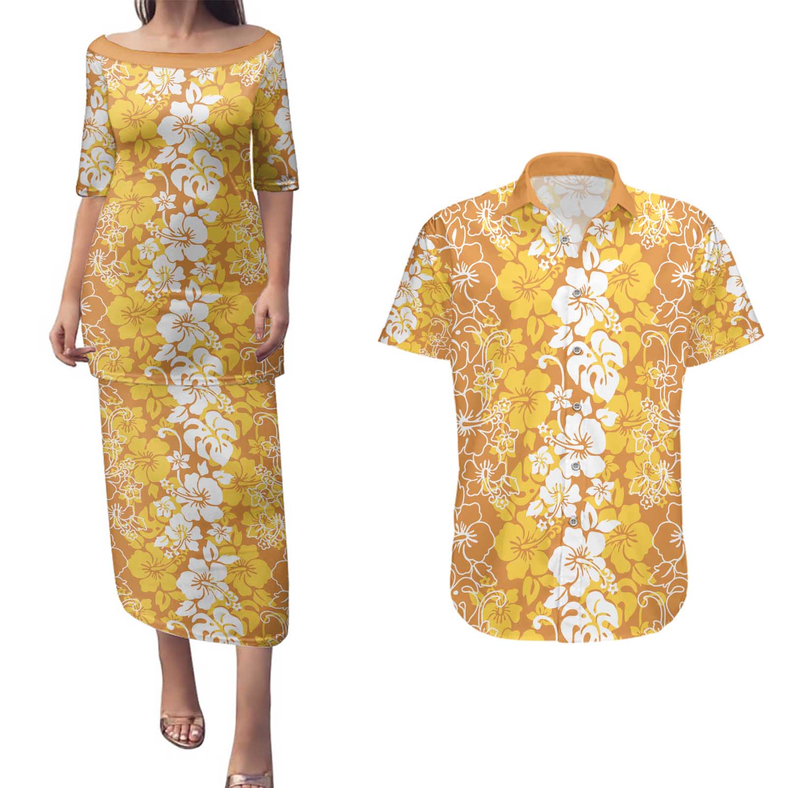 Hawaiian Lei Day Couples Matching Puletasi and Hawaiian Shirt Gold Hibiscus Flowers Lei Art