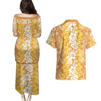 Hawaiian Lei Day Couples Matching Puletasi and Hawaiian Shirt Gold Hibiscus Flowers Lei Art