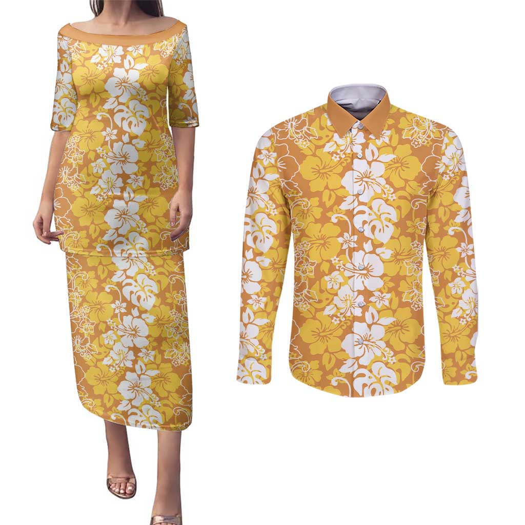Hawaiian Lei Day Couples Matching Puletasi and Long Sleeve Button Shirt Gold Hibiscus Flowers Lei Art