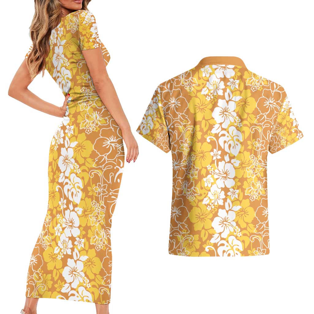 Hawaiian Lei Day Couples Matching Short Sleeve Bodycon Dress and Hawaiian Shirt Gold Hibiscus Flowers Lei Art