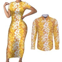 Hawaiian Lei Day Couples Matching Short Sleeve Bodycon Dress and Long Sleeve Button Shirt Gold Hibiscus Flowers Lei Art