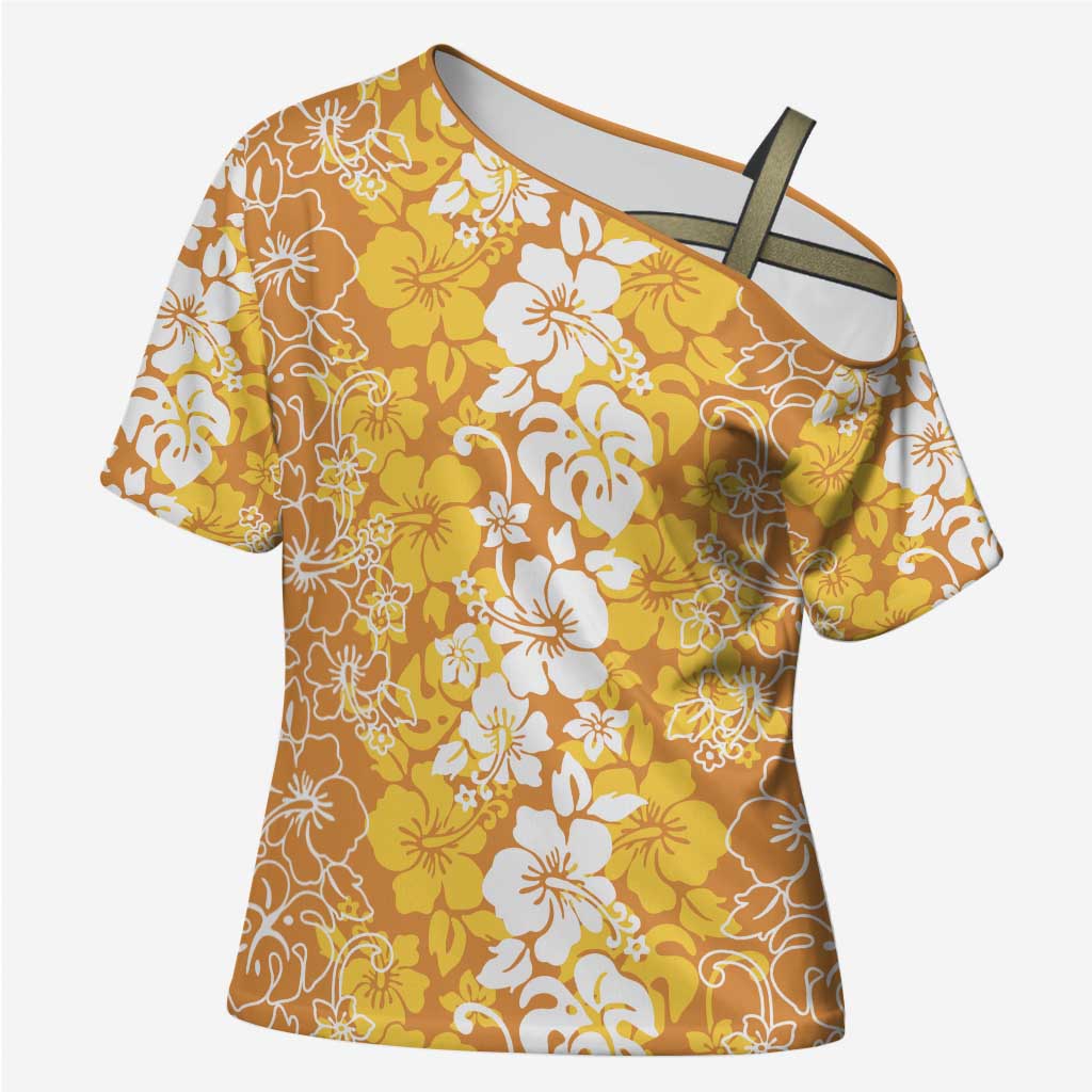 Hawaiian Lei Day Cross Shoulder Shirt Gold Hibiscus Flowers Lei Art - Polynesian Pride