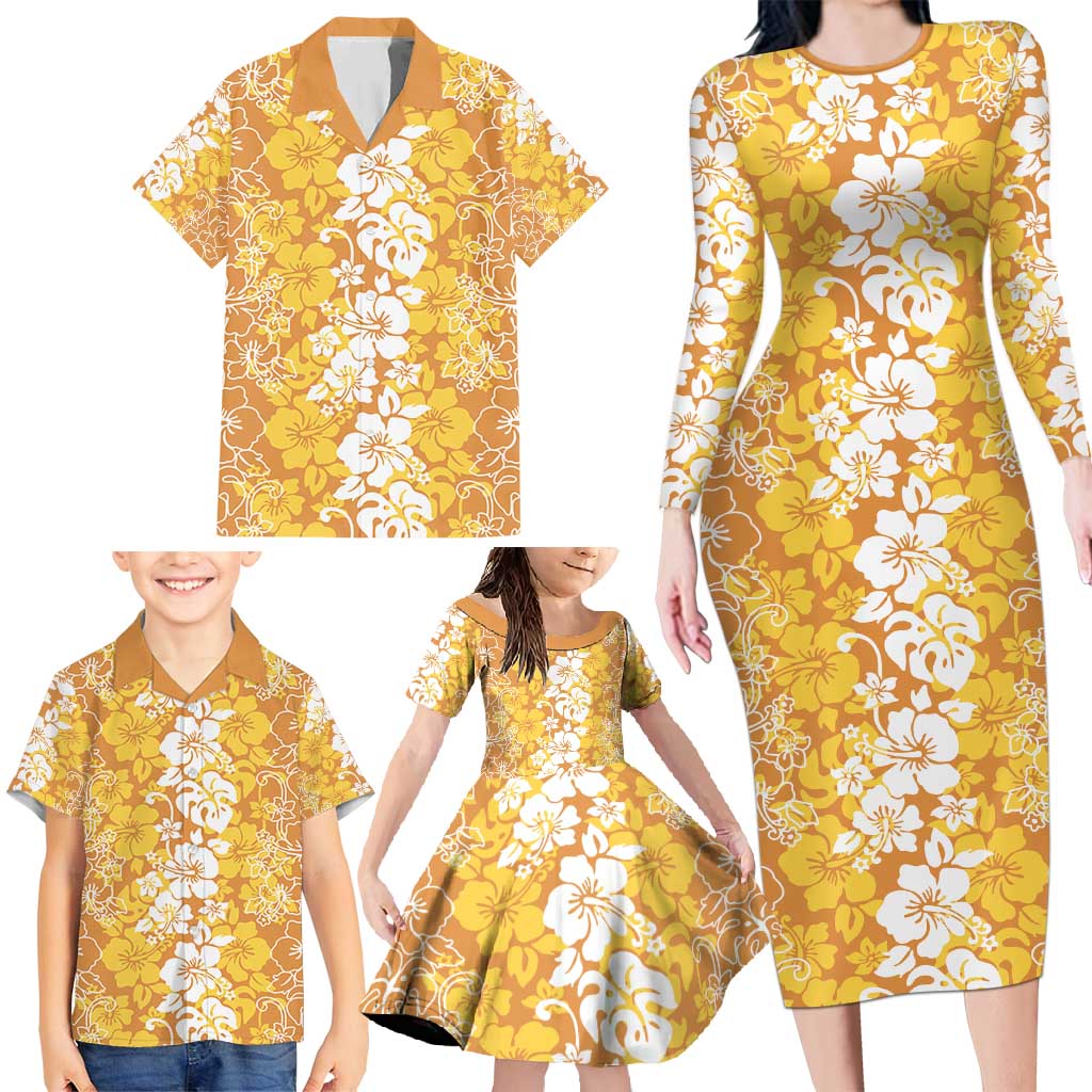 Hawaiian Lei Day Family Matching Long Sleeve Bodycon Dress and Hawaiian Shirt Gold Hibiscus Flowers Lei Art