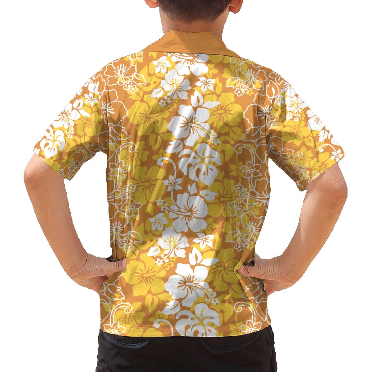 Hawaiian Lei Day Family Matching Off The Shoulder Long Sleeve Dress and Hawaiian Shirt Gold Hibiscus Flowers Lei Art