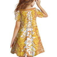 Hawaiian Lei Day Family Matching Off The Shoulder Long Sleeve Dress and Hawaiian Shirt Gold Hibiscus Flowers Lei Art