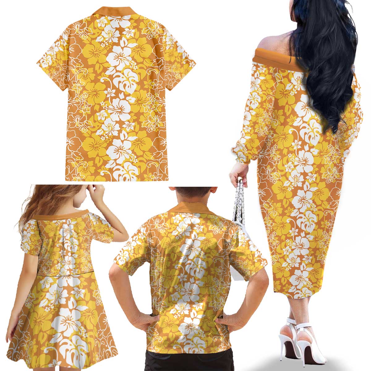 Hawaiian Lei Day Family Matching Off The Shoulder Long Sleeve Dress and Hawaiian Shirt Gold Hibiscus Flowers Lei Art