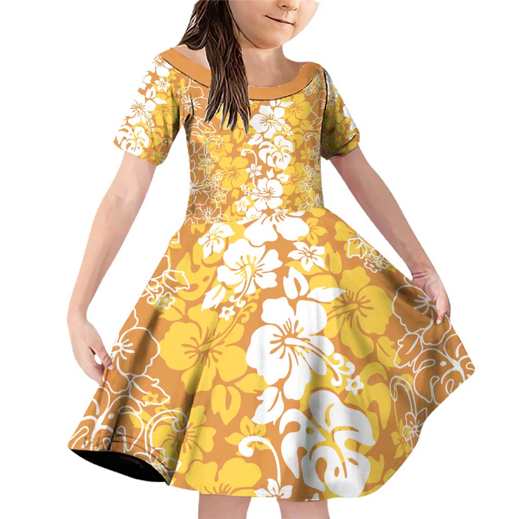 Hawaiian Lei Day Family Matching Off Shoulder Short Dress and Hawaiian Shirt Gold Hibiscus Flowers Lei Art