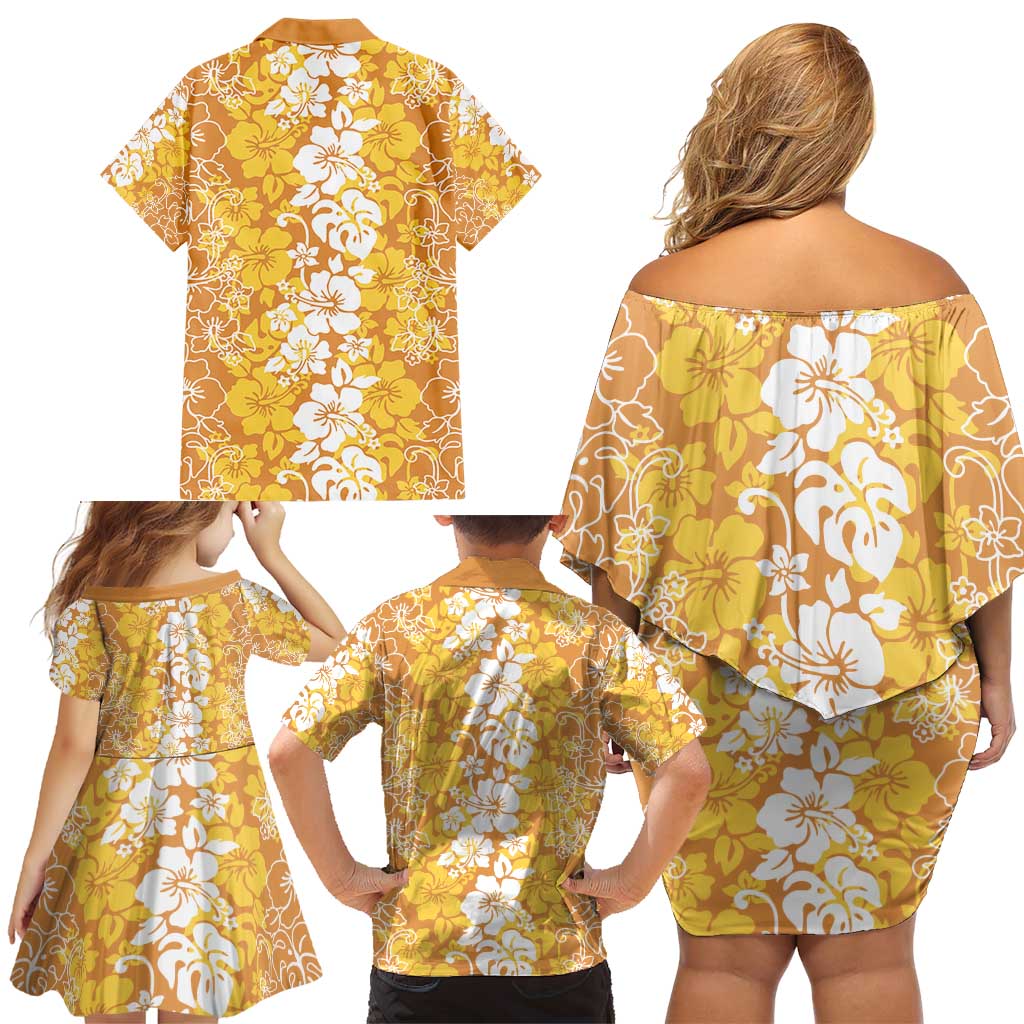 Hawaiian Lei Day Family Matching Off Shoulder Short Dress and Hawaiian Shirt Gold Hibiscus Flowers Lei Art