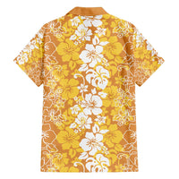 Hawaiian Lei Day Family Matching Off Shoulder Short Dress and Hawaiian Shirt Gold Hibiscus Flowers Lei Art